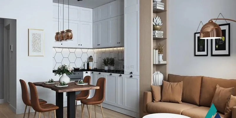 Bày trí nội thất phòng khách và bếp đơn giản cho chung cư 103m2