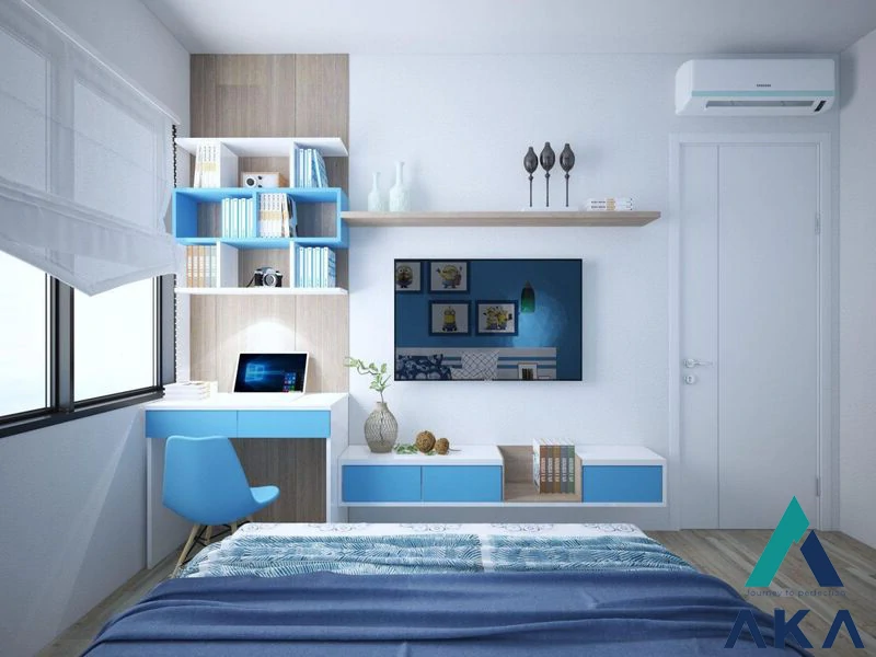 Phòng ngủ cho bé trai với tông màu xanh vừa dịu mát lại vừa năng động