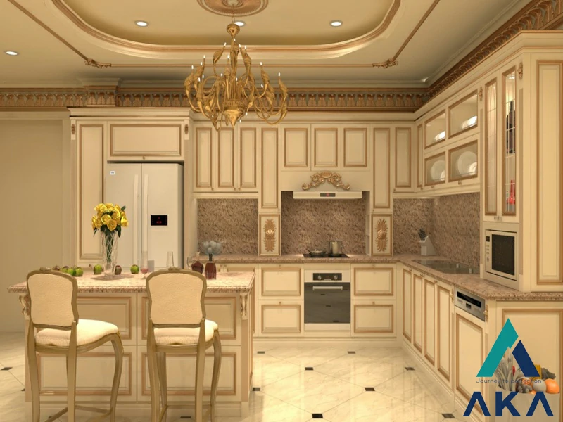 Một căn phòng bếp được thiết kế theo phong cách tân cổ điển