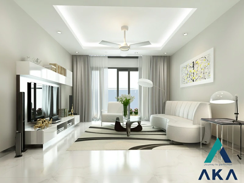Nội thất màu be và trắng giúp không gian phòng khách thêm rộng rãi