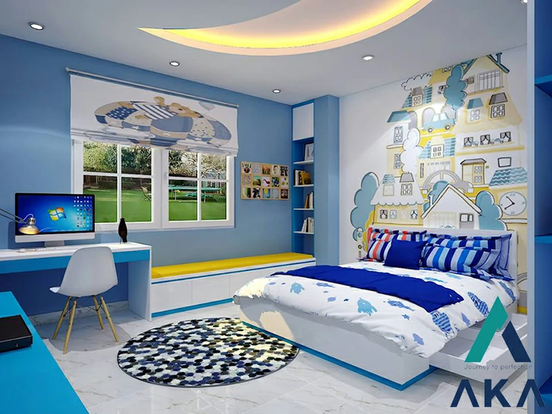 Thiết kế phòng ngủ màu xanh dương cho bé trai năng động